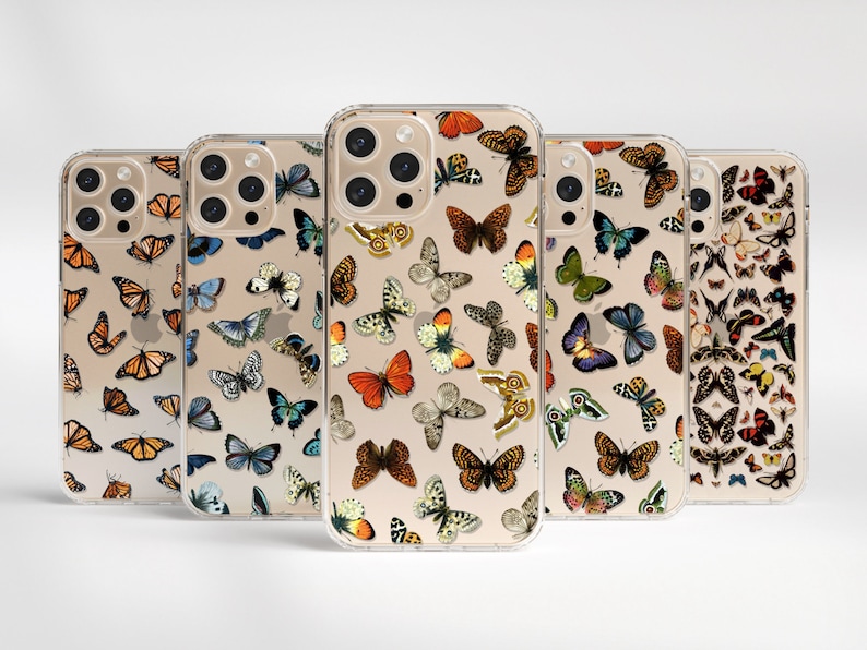 May include: Set of six clear phone cases with a butterfly pattern. The cases are all different colors and have a variety of butterfly designs.