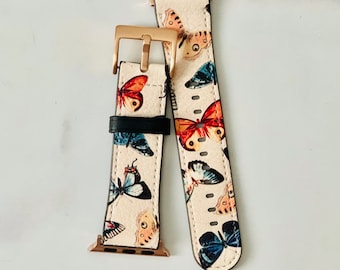 Peach Butterfly Apple Watch Band Series 3 4 5 6 7 8 9 SE 38mm 40mm 41mm 42mm 44mm 45mm For Women Vegan Faux Leather Apple Watch Straps