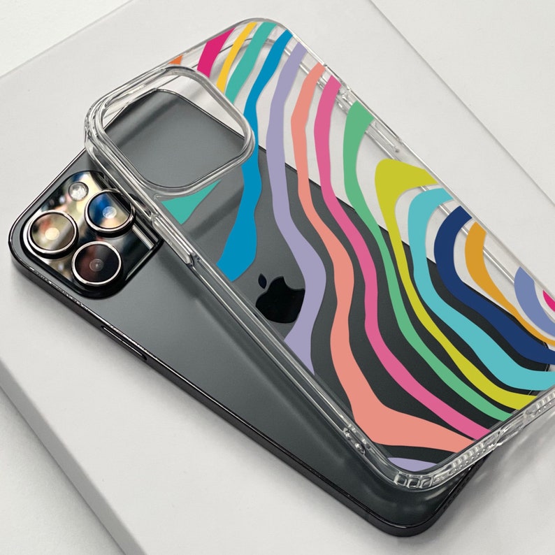 Colorful Abstract Lines Clear Case For iPhone 15 14 13 Pro Max 12 Mini XR 7 8 SE 2022 Phone Case With Aesthetic Retro Design On Sale image 2