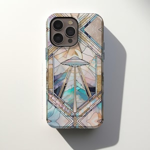 UFO Stained Glass Illusion Tough Phone Case For iPhone 17 Air 16ee 15 14 13 XS 7 8 SE Galaxy S26 S25 Google Pixel 9 8 Pro Alien Design