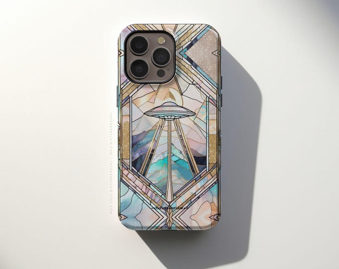 UFO Stained Glass Illusion Tough Phone Case For iPhone 18 17 Air 16ee 15 14 13 XS 7 8 SE Galaxy S26 S25 Google Pixel 9 8 Pro Alien Design