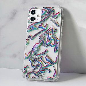 May include: A clear phone case with a colorful abstract design. The design features swirling lines of blue, green, red, and yellow.