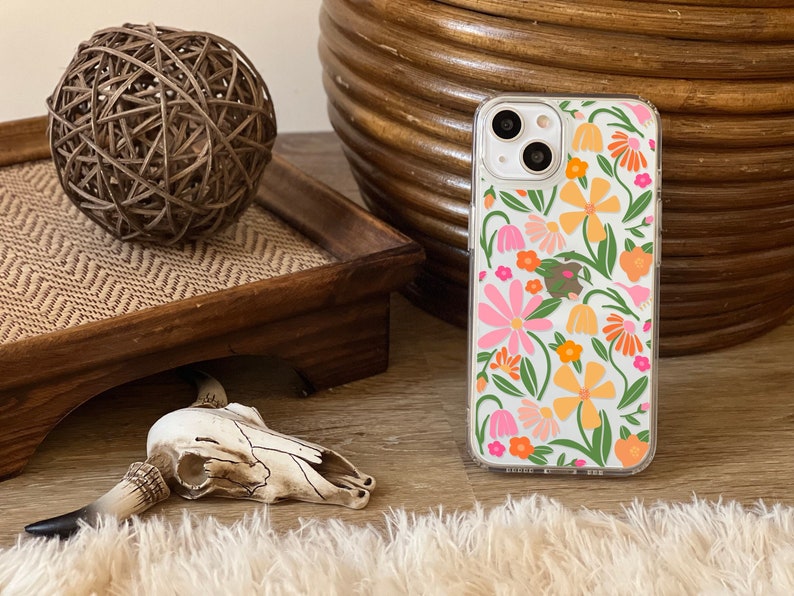 Flower Market Aesthetic Phone Case For iPhone 15 14 13 Mini 12 XR 7 8 Clear Phone Cover With Cute Retro Floral Design Galaxy S24 Case image 1