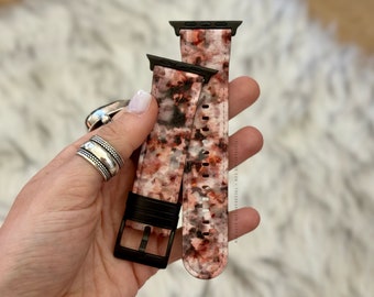 Pink Peach Tortoise Shell Print Apple Watch Band Series 3 4 5 6 7 8 9 SE 38mm 40mm 41mm 42mm 44mm 45mm For Women Vegan Faux Leather
