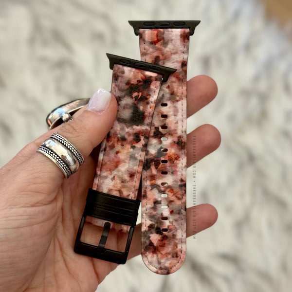 Pink Peach Tortoise Shell Print Apple Watch Band Series 3 4 5 6 7 8 9 SE 38mm 40mm 41mm 42mm 44mm 45mm For Women Vegan Faux Leather