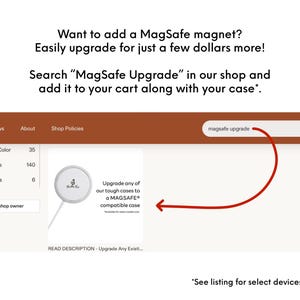 a product page for a MagSafe upgrade, which is an accessory for a smartphone. The page includes a search bar for the product and a list of items available for purchase.