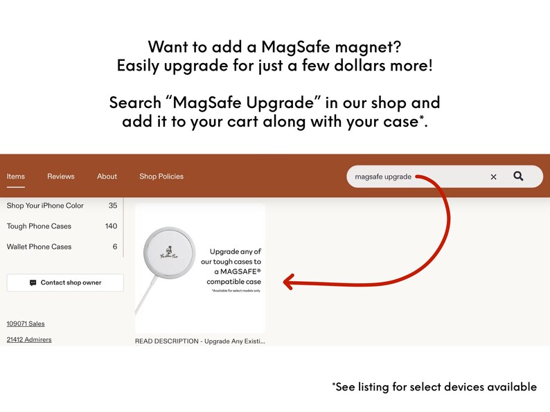 a product page for a MagSafe upgrade, which is an accessory for a smartphone. The page includes a search bar for the product and a list of items available for purchase.