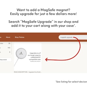 a product page for a MagSafe upgrade, which is an accessory for a smartphone. The page includes a search bar for the product and a list of items available for purchase.