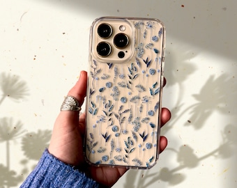 Navy Boho Wild Flower Clear Phone Case For iPhone 14 Plus 13 Pro Max 12 Mini  XR 7 8 SE 2022 Galaxy S22 Ultra Aesthetic Design