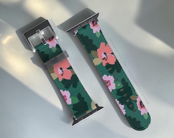 Emerald Floral Apple Watch Band - Vegan Leather Strap With Flower Design - Fits All Series - 38 40 41 42 44 45 46 49 mm, SE & Ultra