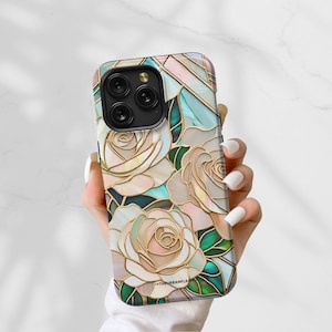 Pastel Roses Stained Glass Illusion Print Tough Phone Case iPhone 17 16 15 14 13 12 11 7 8 SE Galaxy S25 S24 Google Pixel 9 8