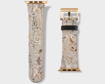 Neutral Boho Flowers Apple Watch Band Apple Watch Straps For Series 4 5 6 7 8 9 SE 38/40/41mm & 42/44/45mm Vegan Faux Leather Band