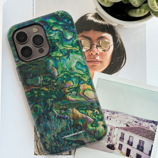 Green Abalone Mollusk Shell Print Tough Phone Case For iPhone 15 14 13 11 XR X XS Max 12 Mini Pro SE 7 8 Plus Galaxy S24 Nautical Paua Cover