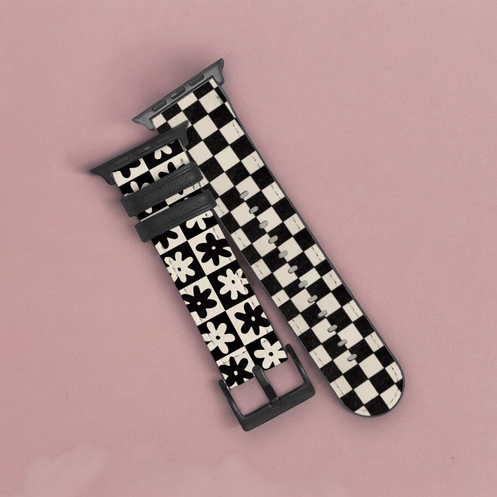 Aesthetic Split Checker Print Flowers Apple Watch Band Series 6 7 8 9 SE 38mm 40mm 42mm 44mm Watch Straps Vegan Faux Leather iWatch Band