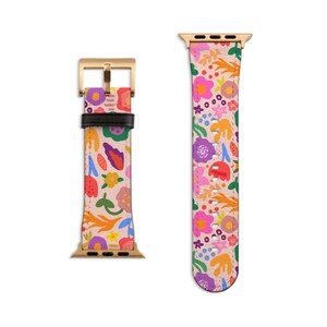 Aesthetic Colorful Flowers Apple Watch Band - Vegan Leather Vibrant Floral Design - Series 38 40 41 42 44 45 46 49 mm Watch Straps For Women