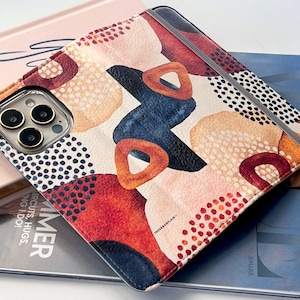 Rustic Abstract Shapes Wallet Phone Case For iPhone 16 15 14 13 12 Mini Pro Max XR XS Max 7 8 Plus SE 2020 S24 With Card Slots Vegan Leather