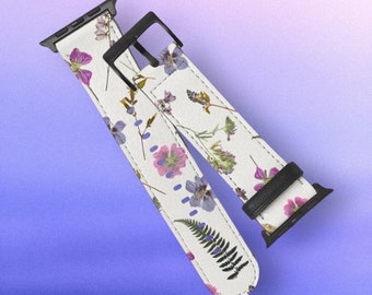 Purple Pressed Wild Flower Print Apple Watch Band For Series 3 4 5 6 7 8 9 10 11 SE Ultra 38mm 40mm 41mm 42mm 44mm 45mm 46mm 49mm