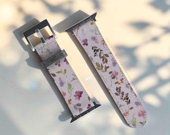 Soft Purple Wildflowers Apple Watch Band - Fits All iWatch Series - 38/40/41mm, 42/44/45/46mm, 49mm - Floral Vegan Leather Strap For Women