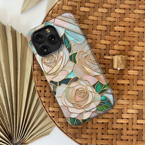 Pastel Roses Stained Glass Illusion Print Tough Phone Case For Apple iPhone,Samsung Galaxy & Google Pixel Aesthetic Cover