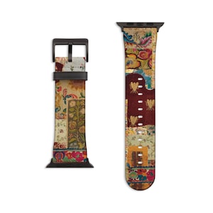 Mixed Media Boho Art Apple Watch Band - Fits All iWatch Series - Sizes 38mm 40mm 42mm 44mm - Women’s Vegan Leather Strap With Design