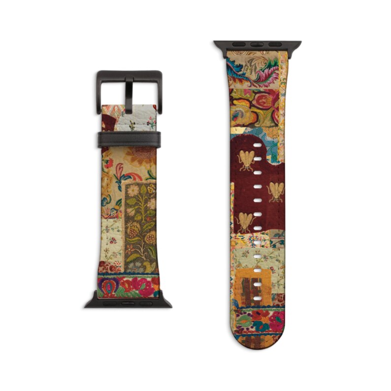 Mixed Media Boho Art Apple Watch Band - Fits All iWatch Series - Sizes 38mm 40mm 42mm 44mm - Women’s Vegan Leather Strap With Design