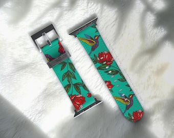 Cute Hummingbird Apple Watch Band - Fits All iWatch Series (SE, Ultra 4) & Sizes 38/40/41, 42/44/45/46, 49mm - Vegan Leather Strap For Women