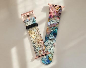 Pastel Stained Glass Illusion Apple Watch Band - Vegan Leather Strap With Unique Design - Fits all Series - 38 40 41 42 44 45 46 49 mm