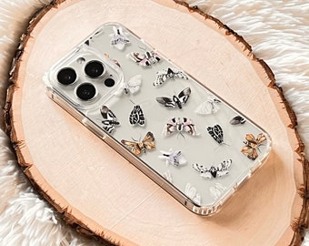 Elegant Moth and Butterfly Phone Case For iPhone 17 16 15 14 13 7 8 SE Galaxy S26 S25 With MagSafe Options