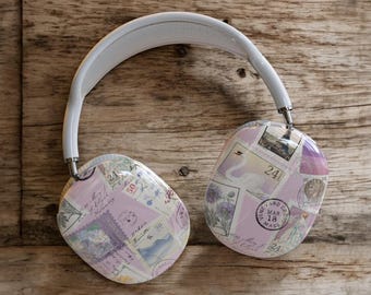 Funda para AirPods Max con diseño de sellos postales vintage: funda protectora rígida inspirada en sellos para auriculares Apple, funda para AirPods Max 2 con estética cottagecore.