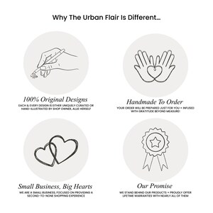 Op de afbeelding: Vier illustraties die de unieke aspecten van een klein bedrijf benadrukken. De eerste illustratie toont een hand die een ontwerp tekent, wat staat voor 100% originele ontwerpen. De tweede illustratie toont twee handen die een hart vormen, wat staat voor handgemaakt op bestelling. De derde illustratie toont twee in elkaar verweven harten, wat staat voor een klein bedrijf met een groot hart. De vierde illustratie toont een ster met een lint, wat staat voor onze belofte.