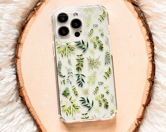 Cute Greenery Leaves Phone Case For iPhone 15 Pro 14 12 Mini 11 XR 7 8 SE 2022 Clear Cover With Simple Nature Branch Design S24 Ultra