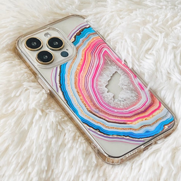 Pastel Geode Slice Clear iPhone Case 15 14 Pro 13 12 Mini XR 7 8 Galaxy S24 Phone Cover With Unique Design The Urban Flair- On Sale!