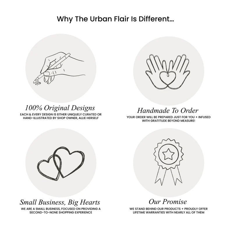 May include: Illustration of four key elements that make a small business unique: 100% original designs, handmade to order, small business, big hearts, and our promise. The illustration features a hand drawing, two hands forming a heart, two hearts intertwined, and a star with a ribbon.