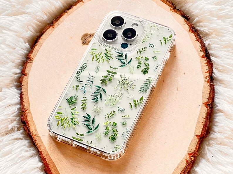 Cute Greenery Leaves Phone Case For iPhone 15 Pro 14 12 Mini 11 XR 7 8 SE 2022 Clear Cover With Simple Nature Branch Design S24 Ultra Bild 2