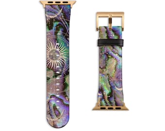 Zodiac Abalone Shell Print Apple Watch Band For Women Faux Vegan Leather Mystic Witch 38 40 41 42 44 45 46 49 mm All Series