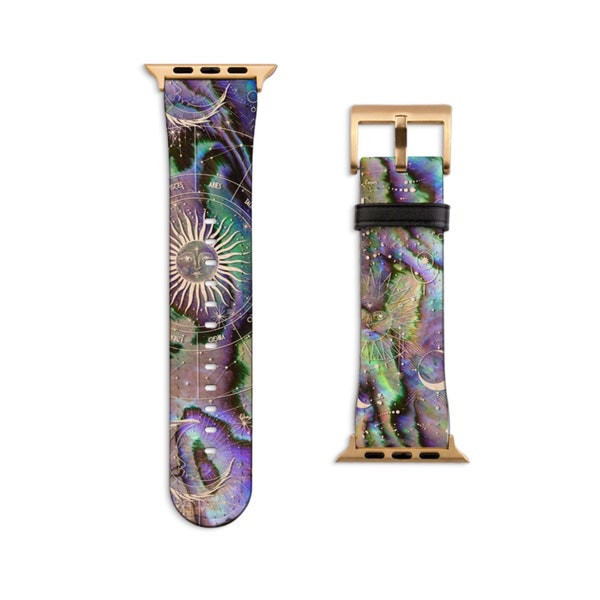 Zodiac Abalone Shell Print Apple Watch Band For Women Faux Vegan Leather Mystic Witch 38 40 41 42 44 45 46 49 mm All Series
