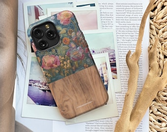 Embroidery Print Floral Wood Print MagSafe Phone Case For iPhone 17 16 15 14 13