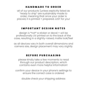 May include: Text on a white background explaining that all products are handmade to order and printed after the order is placed. It also includes important design notes and instructions before purchasing.