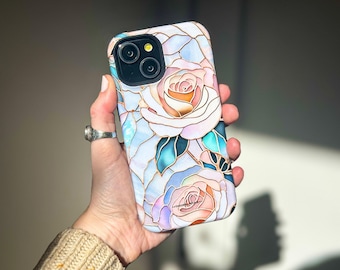Pastel Roses Stained Glass Illusion Print Phone Case For iPhone 17 16 15 14 13 7 8 SE Galaxy S26 S25 Google Pixel 10 9