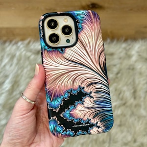 Unique Fractal Print MagSafe Phone Case For iPhone 15 Pro Max 14 Plus 13 12 Mini With Built In Magnet Art Deco Feather Design
