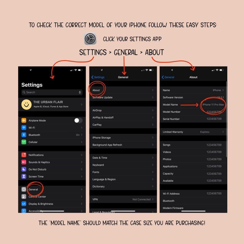 May include: A screenshot of an iPhone's settings menu showing how to find the model name of the phone. The screen shows the "About" section of the settings menu, with the model name highlighted in red. The model name is "iPhone 11 Pro Max".