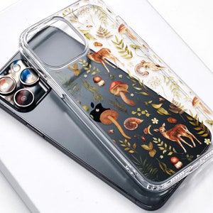 Cottagecore Nature Clear Phone Case For iPhone 16 15 14 13 12 Mini XR 7 8 SE & Samsung Galaxy S25 Cover With Mushroom Deer MagSafe