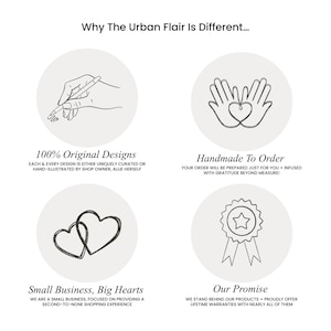 May include: Four illustrations highlighting the unique aspects of a small business. The first illustration shows a hand drawing a design, representing 100% original designs. The second illustration shows two hands forming a heart, representing handmade to order. The third illustration shows two intertwined hearts, representing small business, big hearts. The fourth illustration shows a star with a ribbon, representing our promise.