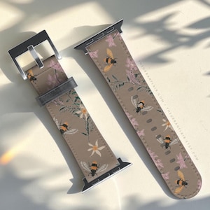 Vintage Bees Apple Watch Band - Fits All iWatch Series - 38/40/41mm, 42/44/45/46mm, 49mm - Vegan Leather Strap For Women With Cute Design