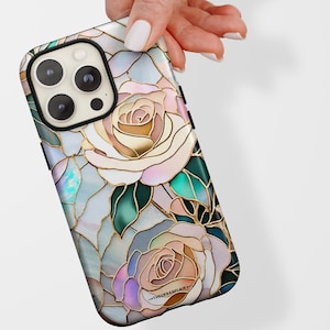 Pastel Roses Stained Glass Illusion Print Tough Phone Case For iPhone 15 14 13 12 11 X XS X 7 8 SE 2022 Galaxy S24 Google Pixel 8 Pro