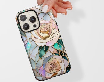 Pastel Roses Stained Glass Illusion Print MagSafe Phone Case For iPhone 15 14 13 12 (Mini, Plus, Pro Max) Cover With Built In Magnet!