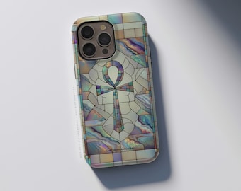 Ankh Stained Glass Illusion Print Tough Phone Case For iPhone 15 14 13 12 7 8 SE 2022 Galaxy S24 Google Pixel 8 7 Pro Egyptian Design