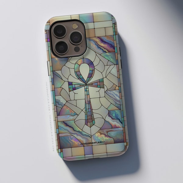 Ankh Stained Glass Illusion Print Tough Phone Case For iPhone 15 14 13 12 7 8 SE 2022 Galaxy S24 Google Pixel 8 7 Pro Egyptian Design