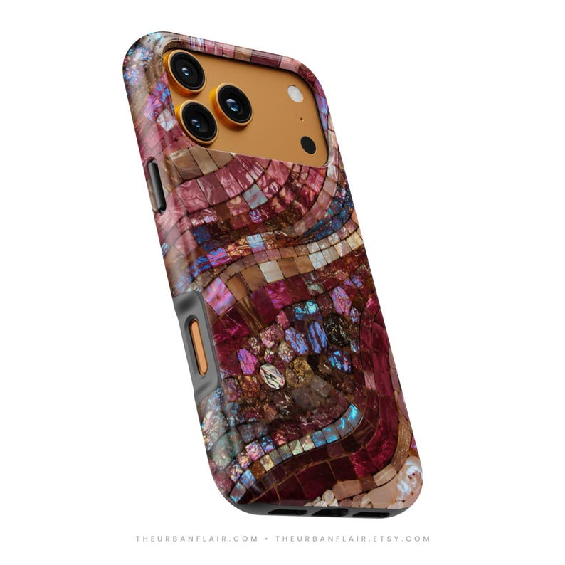 May include: A smartphone case featuring a mosaic pattern of iridescent, multi-colored tiles in shades of deep red, purple, and blue. The camera cutout area is a solid gold color. The text THEURBANFLAIR.COM THEURBANFLAIR.ETSY.COM is at the bottom.