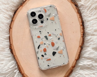 Minimal Terrazzo Clear Case For iPhone 17 Air 16e 15 14 13 Pro Max Mini 7 8 SE Galaxy S26 S25 Case With Mosaic Composite Design MagSafe